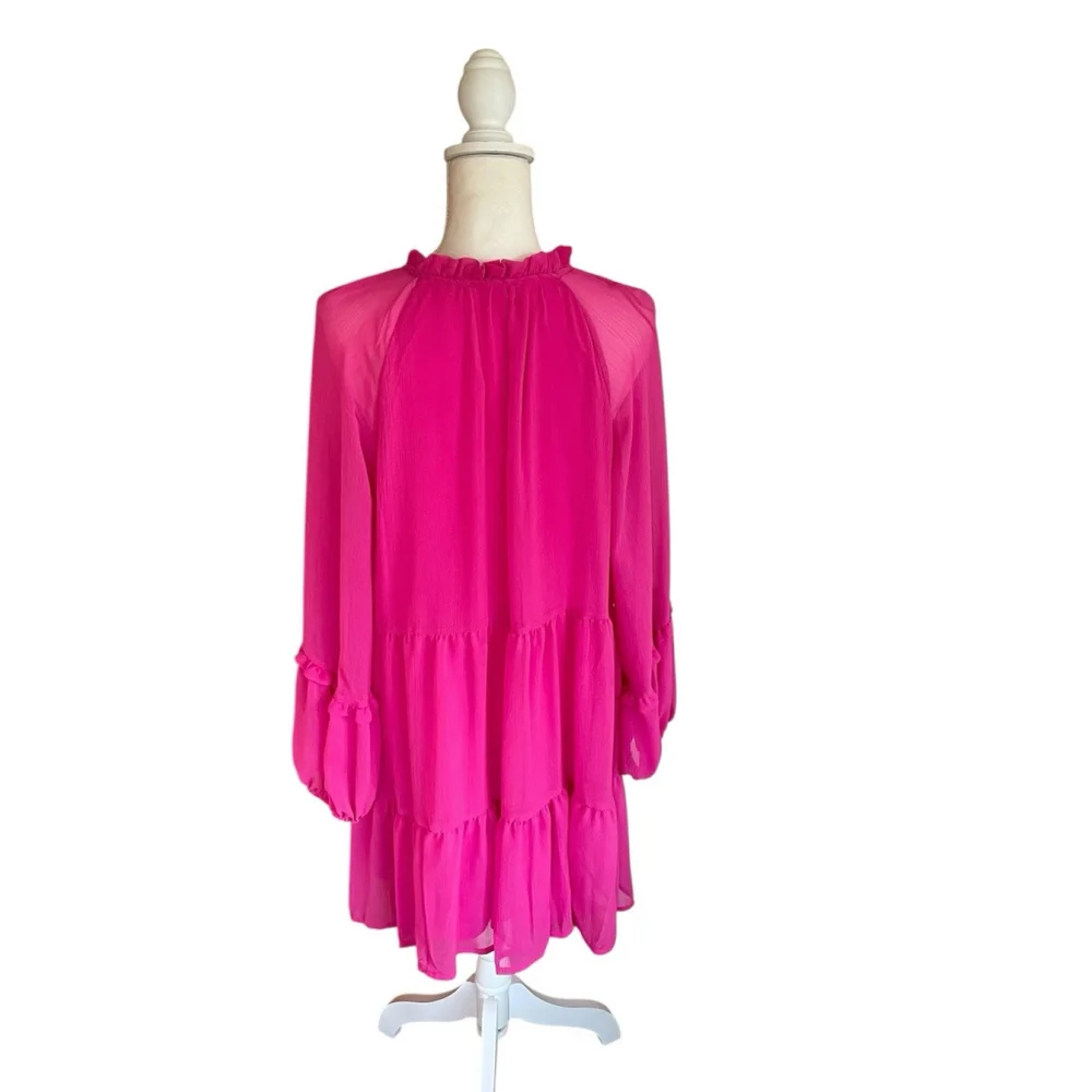 Vince Camuto Hot Pink Tiered Chiffon Mini Dress Sheer Sleeves Ruffle Collar Sz L - Picture 4 of 10